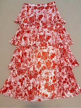 Abercrombie & Fitch Tiered Pleated Satin Maxi Skirt Pink And Red Floral Medium
